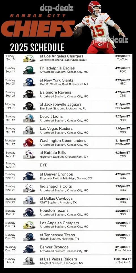 KANSAS CITY CHIEFS 2025 NFL Football Schedule Glossy Fridge Magnet 4" x 8"