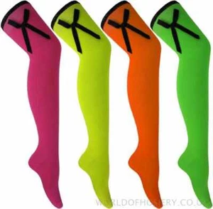 1 Ladies Girls Over The Knee Neon Bow Lace Top Party Boot Socks UK 4-6 - Picture 1 of 1