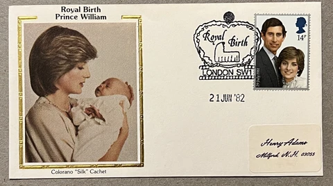 1982 PRINCESS DIANA PRINCE WILLIAM KING CHARLES COLORANO SILK CACHET ROYAL BIRTH Cover