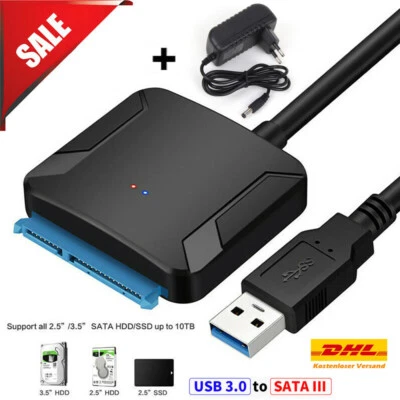 SATA to USB 3.0 Adapter für 2.5/3.5 Zoll HDD/SSD Festplatten mit 12V 2A Stromver - Bild 1 von 4
