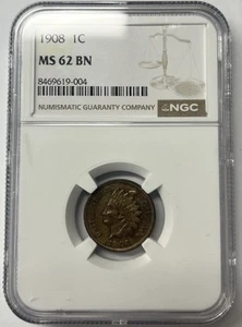 1908 Indian Head Cent MS62 BN NGC - Picture 1 of 4