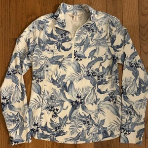 Tommy Bahama Activewear Golf Shirt Women L White/Blue Tabu Jungle Print 1/4 Zip - Picture 1 of 7