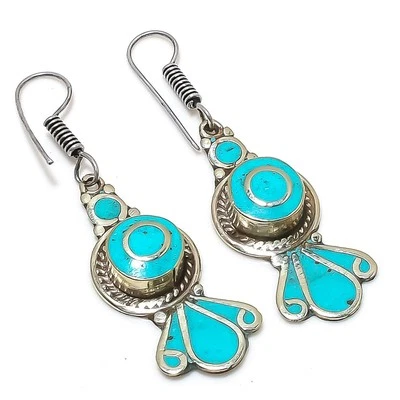 Türkis Edelstein Ohrringe Tibetisches Silber Böhmischer Nepali Schmuck 2,4 Zo... - Bild 1 von 4