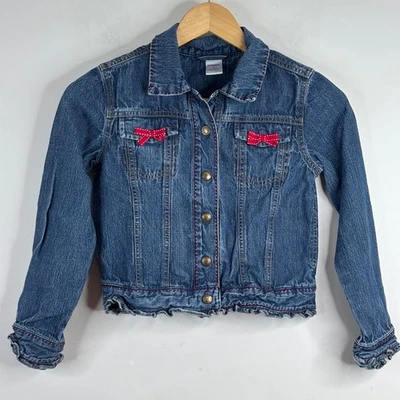 Chaqueta de mezclilla bordada Y2K Gymboree de colección 9 Preppy otoño clásico lazos rojos volantes Foto 1 de 4