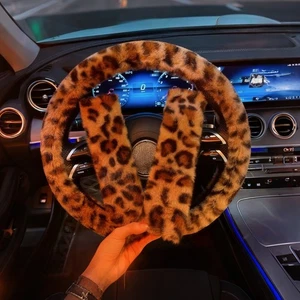 Soft Comfortable Plush Leopard Print 15in Car Steering Wheel Cover Seat Straps - Bild 1 von 13