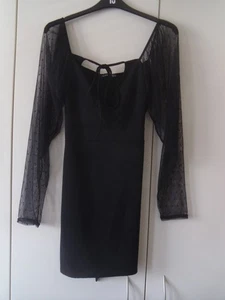 Boohoo Black Dress mesh long sleeve Bodycon mini size 10/12 - Picture 1 of 4