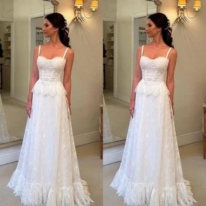 Elegant Wedding Dresses Spaghetti Straps Lace Appliques A Line Beach Bridal Gown - Picture 1 of 9
