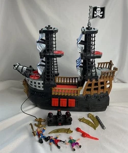 Fisher Price 2006 Imaginext Black Pirate Ship Blue Striped Sails W/ Rare Figures - Picture 1 of 8