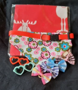 SMALL DOG SET MOOSE BANDANA, FLOWER COLLAR,4 CLOTH BOWS AND 2 BARRETTES - Picture 1 of 5