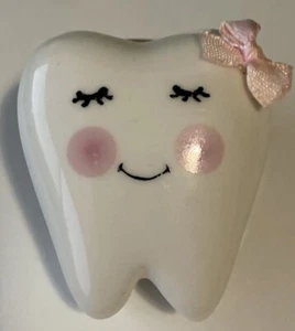 VTG Ganz? Tooth Fairy Tooth Shape Lidded Trinket Box First Tooth Pink & White - Picture 1 of 11