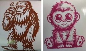 Vinyl Decal / Sticker - BIGFOOT / YETI - DRINKING COFFEE / CUTE BABY BIGFOOT - Picture 1 of 4