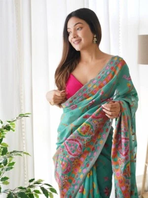 Blusa sari de seda nupcial de diseñador Sari Bollywood étnica del sur de la India lista para usar Foto 1 de 4