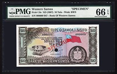 WESTERN SAMOA 10 TALA 1967 SPECIMEN , PMG 66 EPQ , GEM UNC , P-18s 000000 - Image 1 of 2