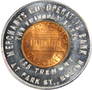 Ficha de centavo Lincoln cubierta BOSTON MERCHANTS COOPERATIVE BANK (02674) - Imagen 1 de 2