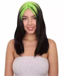 HPO Billie Popstar schwarze Perücke mit neongrünen Wurzeln und abgehacktem Pony, HW-6664A - Bild 1 von 5