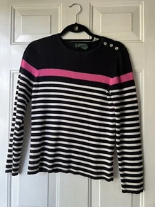 Ralph Lauren Damenpullover Large Petite Knopf-Schulter gerippt Strickstreifen - Bild 1 von 3