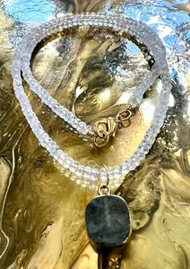 Crystal Quartz Beaded Labradorite Pendant 18k Gold Filled Clasp 3.5mm Rondelle - Picture 1 of 10