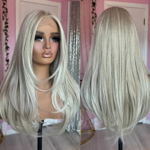 100% Human Hair Wigs Creamy Ash Blonde Platinum Balayage Straight Lace Front Wig - Picture 1 of 11