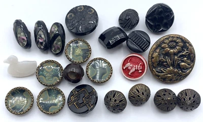 Victorian Metal Black Glass Button Lot 22 Floral Celluloid Dog Duck MOP Antique - Image 1 of 4