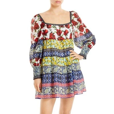 Vestido Alice & Olivia Rowen Estampado Mixto Floral Mini Seda Manga Larga En Niveles Talla L Foto 1 de 4