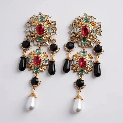 Crystal Pearl Earrings Zara Beads Chandelier Drop VTG CZ Statement Stud Gold - Image 1 of 4