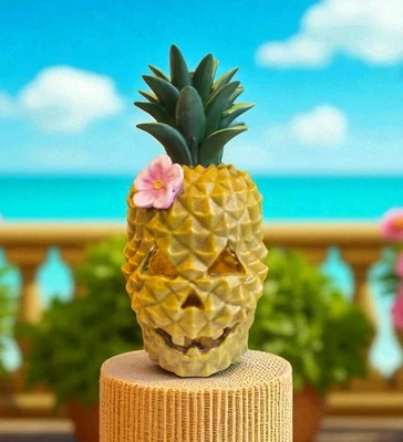 New Tiki Hawaiian Yellow Pineapple Skull Halloween Spooky Light Up Table Light - Image 1 of 3