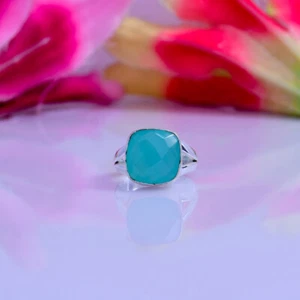 Splendid Azul Calcedonia Gema 925 Plata de Ley Hecho a Mano Anillo Todo Talla - Imagen 1 de 3
