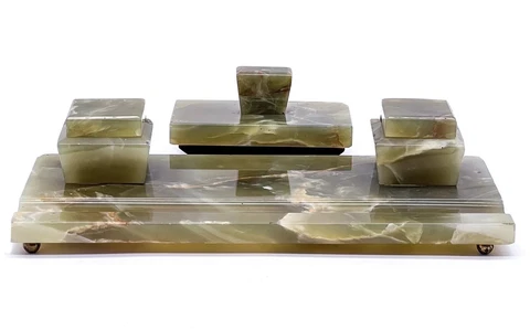 Vintage Onyx Marble Desk Set With 2 Tintenfässern & Löschwippe Green Cover