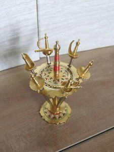VTG Spanish Toledo 6 Swords Cocktail Display Stand Enamel Brass Barware 4" READ - Picture 1 of 23