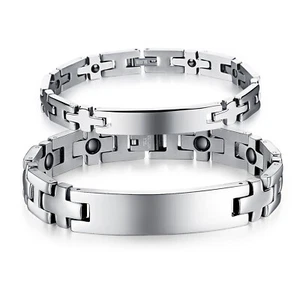Pair Coupel Stainless Steel Simple Magnet ID Bracelet Cross Link Chain Women Men - Picture 1 of 6