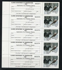 Illinois Pheasant 1991 $5.00 Pane of 5 stamps - Picture 1 of 2