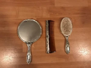 Vintage Ladies Dresser Vanity 3 Pc Set- Brush Mirror Comb Silver Plated -Nice - Picture 1 of 11