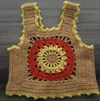 Vintage 70s Crochet Granny Square Daisy Tank Top Yellow Brown Boho Girls Sz XS - Image 1 of 4