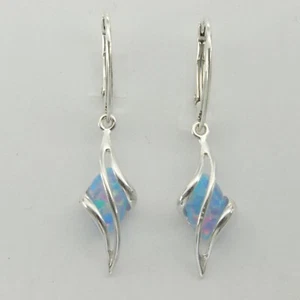 Oval Blue FIRE OPAL Dangle Swirl Leverback Earrings 925 STERLING SILVER 2534Mbe - Picture 1 of 3