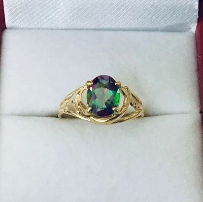 Dainty  Solid  14K  Gold  Natural  Mystic Fire  Rainbow  Topaz Gemstone  Rings . - Image 1 of 4