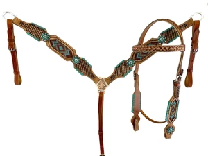 Turquoise/burgundy Southwest beaded Western headstall/ breastcollar set w/reins - Picture 1 of 2