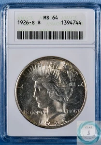 1926-S Peace Dollar ANACS MS64 - Brilliant Lustrous Surfaces in Soapbox!!! - Picture 1 of 12