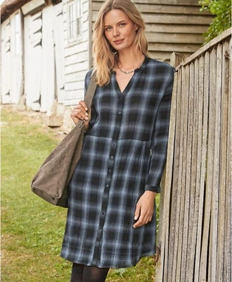 GARNET HILL Shirt Dress Size 8 Blue Black Plaid Gauze Organic Cotton Button Up - Image 1 of 4