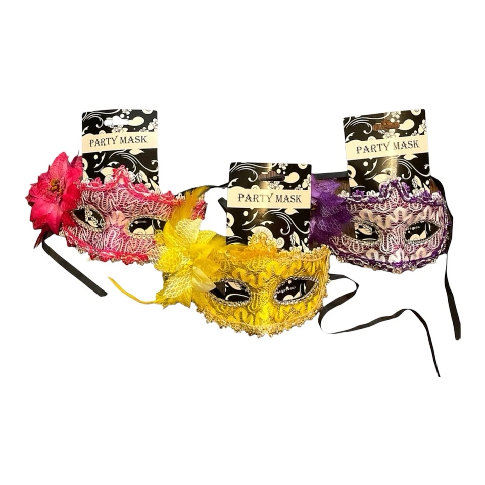 3~Mascarilla de fiesta de Mardi Gras de plástico púrpura, rosa intenso, amarillo con cinta para ajustar Foto 1 de 4