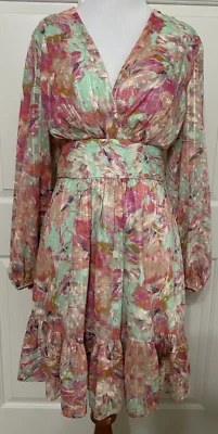 Nuevo con etiquetas Vestido Alex Marie Talla 6 Rosa Teal Floral Manga Larga Volantes Línea A $158 Foto 1 de 4