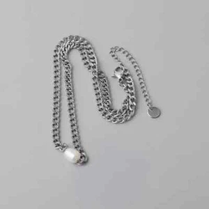 Unisex Stainless Steel Korean Single 7-8mm Baroque Pearl 3.8mm Necklace 16-18 in - Picture 1 of 3