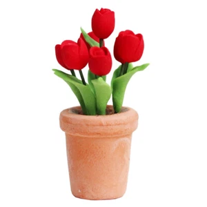 1:12 Dollhouse Miniature Red Tulip Potted Plant Pot Flower Home Garden Decor - Picture 1 of 6