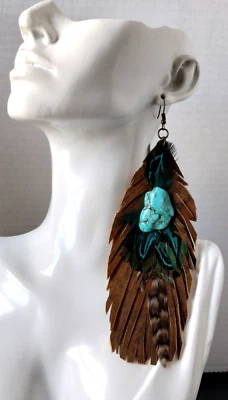 Pendientes largos de pluma turquesa de cuero genuino Southwestern corte a mano 6" Foto 1 de 4