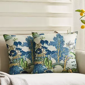 Pack of 2, Chinoiserie Pillow Cover 18 X 18 Inch Asian Scenic Blue and Green Thr - Picture 1 of 12