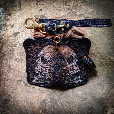 Monster Spooky Leather Wallet, Carved Skull Medium Motorcycle Biker Chain Wallet - Image 1 of 3