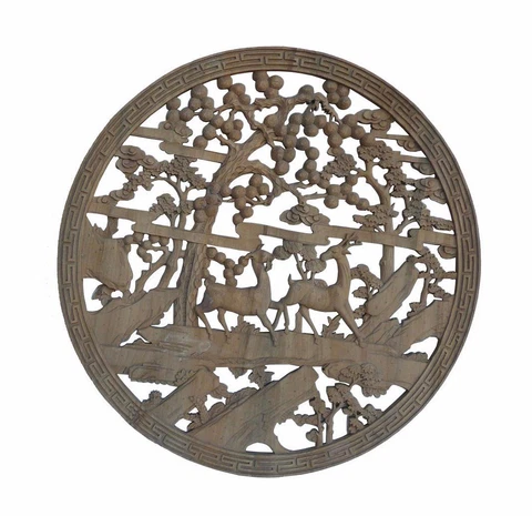 Chinese Vintage Wood Round Panel Wall Plaque With Carved Deer Pine Tree fs705 Cover