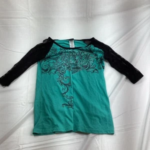 Harley-Davidson Womens Green /Sequin Pattern/Mesh Sleeves/Half Sleeve/Size XS - Picture 1 of 4