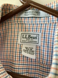 L.L.Bean Men's Shirt 15.5 -34 Tattersall Orange Blue Long Sleeve Traditional Fit - Picture 1 of 21