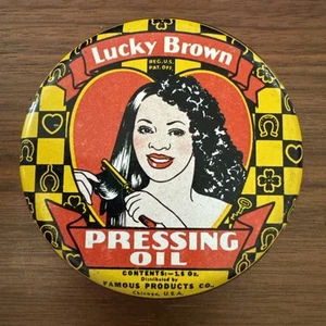 Lucky Brown Pressing Oil round tin Hair Advertising cute graphics metal vintage - Picture 1 of 3