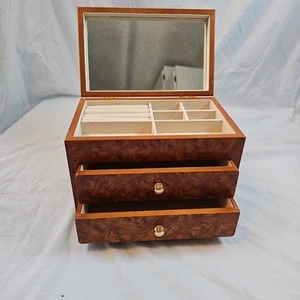 Jewelry box 3 section 2 drawer mirrored lid burled walnut look 9.5x7x6" VTG - Bild 1 von 21